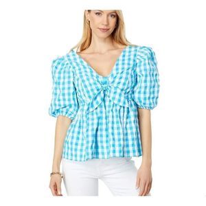 Lilly Pulitzer Babydoll Blouse Sarafina Gingham Womens Size 00 Tie Front Smocked